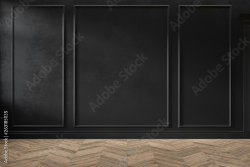 Fototapeta Naklejka Na Ścianę i Meble -  Modern classic black empty interior with wall panels and wooden floor. 3d render illustration mock up.