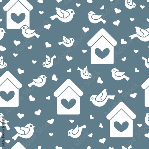 Seamless pattern with birds, birdhouses and hearts