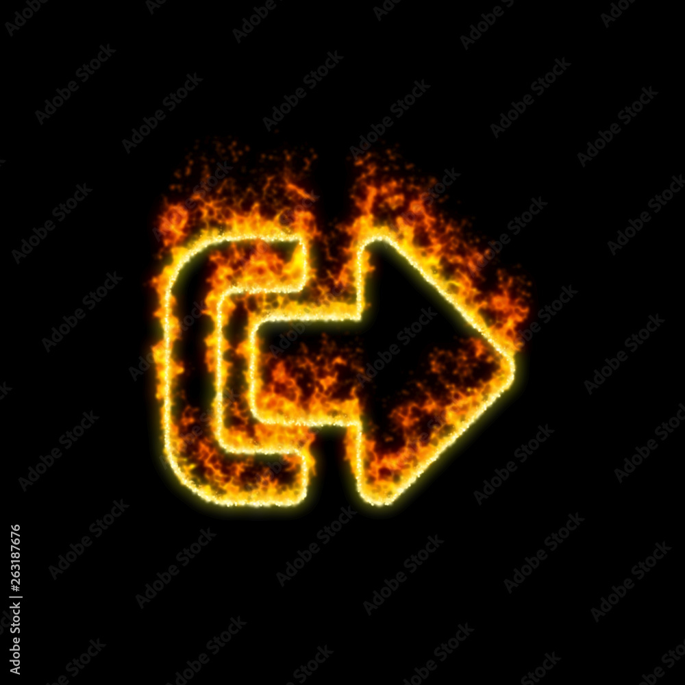 The symbol sign exit (out) burns in red fire