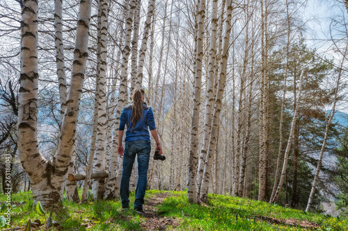 A man photographer stands on the trail in the spring birch forest. View from the back