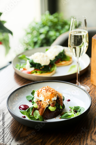 Poached egg on toast with eel