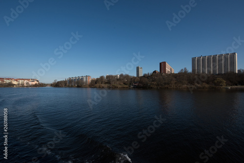 Canvas Print Water view over the Essigen and Kungsholmen islands in Stockholm a sunny spring