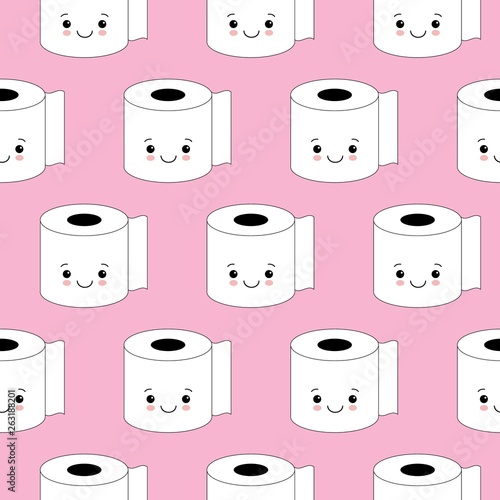 Vector illustration, toilet paper seamless pattern. Happy smiles, cartoon style, background. Kawaii style