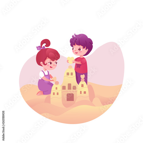 Cute kids with sandcastle vector illustration