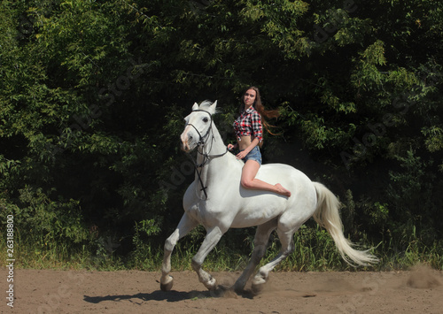 Young woman enjoy riding bareback on a galloping Bavarian horse