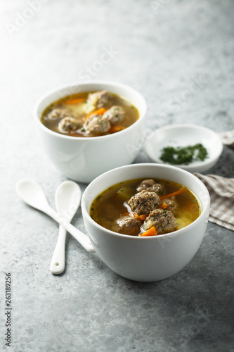 Homemade soup with meatballs