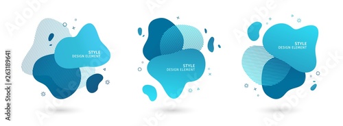 Set of abstract modern graphic elements. Dynamical blue forms and line. Gradient abstract banners with flowing liquid shapes. Template for the design of a logo, flyer or presentation. Vector
