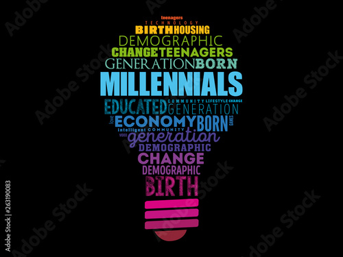 Millennials light bulb word cloud, education concept background
