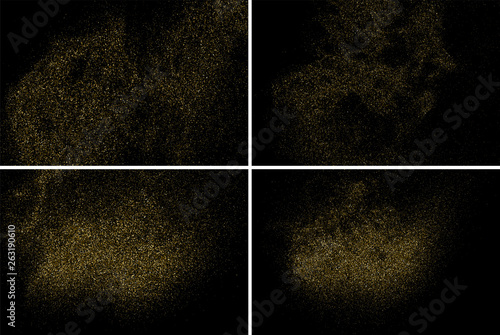 Gold Glitter Texture Isolated On Black. Amber Particles Color. Celebratory Background. Golden Explosion Of Confetti. Set Design Element. Digitally Generated Image. Vector Illustration, Eps 10.