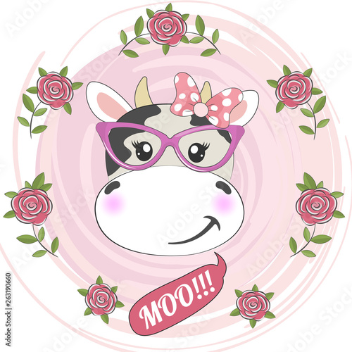 Adorable face cute cow in glasses and pink bow isolated on pink background with flowers.