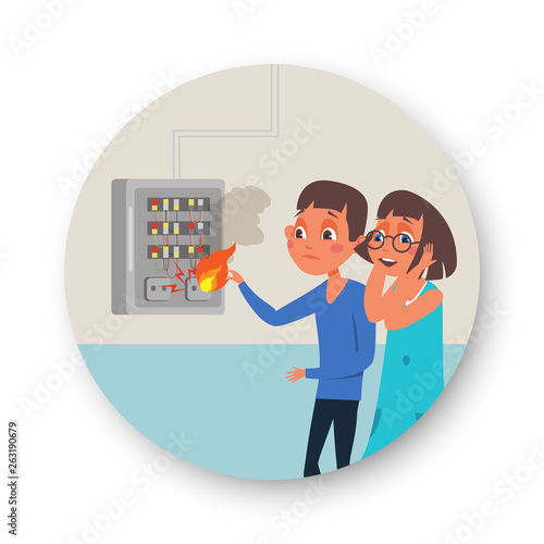 Burning apartment electrical panel illustration