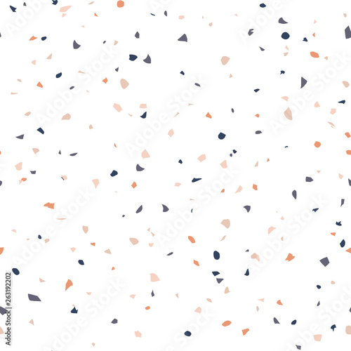 Terrazzo flooring textured surface modern abstract pattern. Vector seamless abstract repeat with chips of marble or granite in soft pastel  colors.