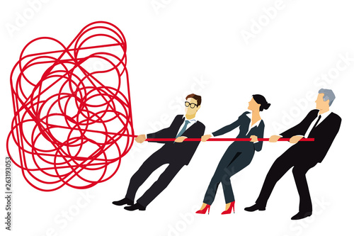 Menschen ziehen am Knoten und entwirren ihn, Illustration