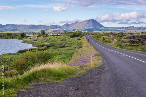 Road on the shore of Myvatn Lake seen from a road near Reykjahlid town in Myvatn region, located in north part of Iceland