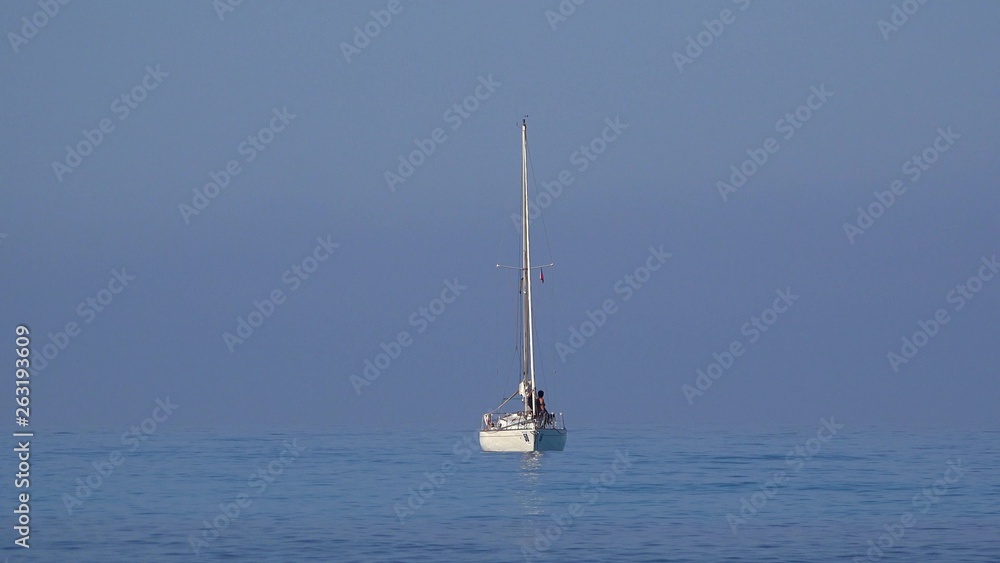 Single boat sailing, cruise on turquoise water