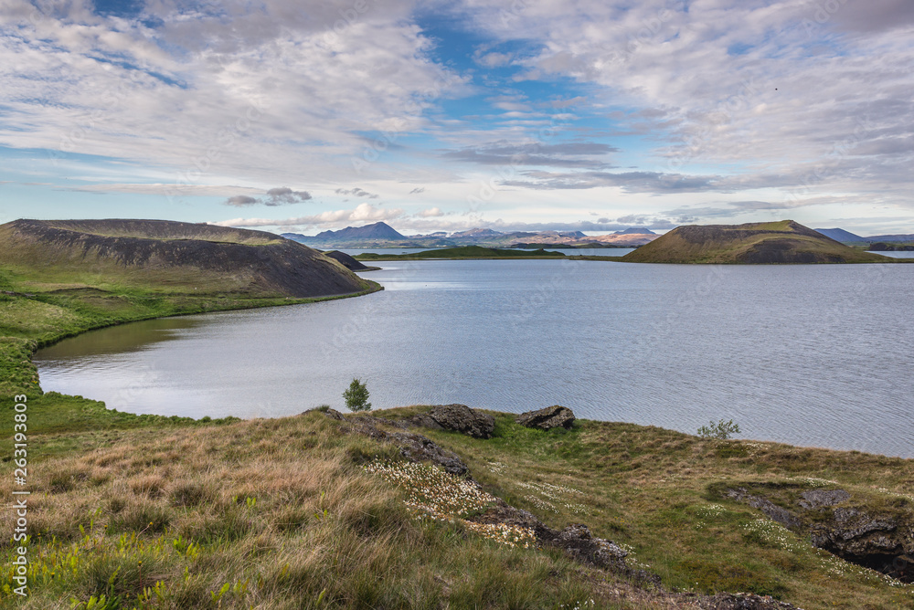 Fototapeta premium Skutustadagigar pseudo craters on the natural wetlands conservation area of Myvatn Lake in Myvatn region, located in north part of Iceland
