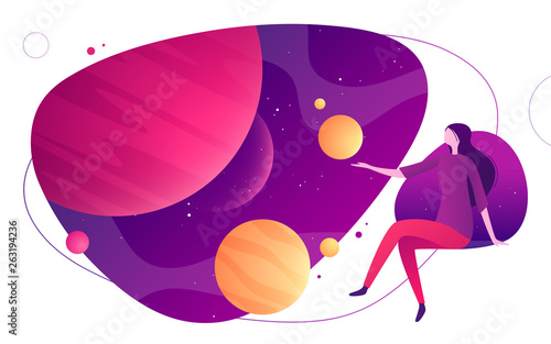 Colorful vector illustration on the topic of space, imagination, exploring, innovation, virtual and augmented reality
