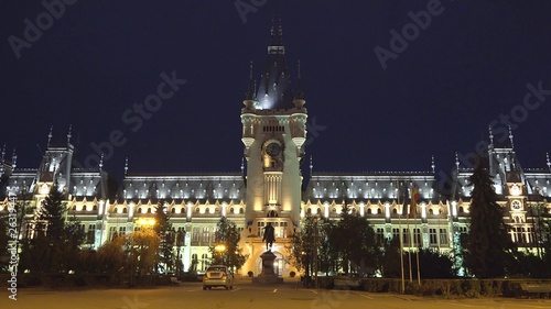Lighted Palace of culture in the night , romania, symbol of moldovia photo