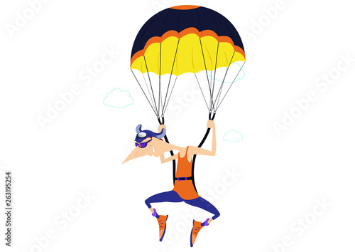 Cartoon skydiver isolated illustration. Comic skydiver derives enjoyment from jumping isolated on white