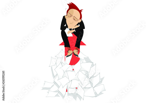 Businessman and arrow signs concept illustration. Sad man sits on the arrow sign arising from the big pile of papers isolated on white   