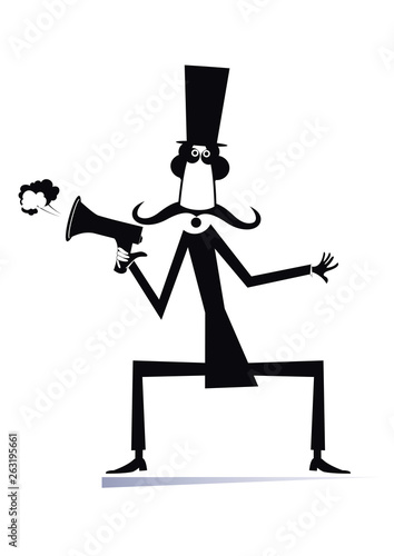 Man, megaphone and news isolated illustration.  Cartoon mustache in the top hat man with megaphone makes announcement black on white