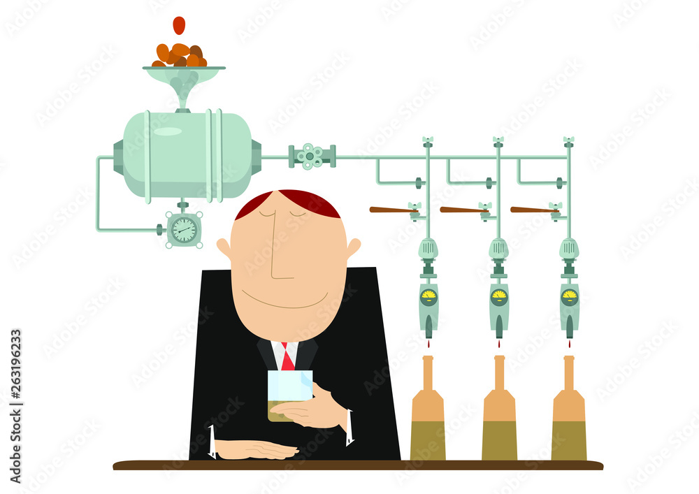 Alcoholic beverage manufacture and taster man illustration. Distillery and the man holds a glass in the hand and tastes alcoholic beverage isolated on white illustration Alcoholic beverage manufacture and taster man illustration. Distillery and the man holds a glass in the hand and tastes alcoholic beverage isolated on white illustration