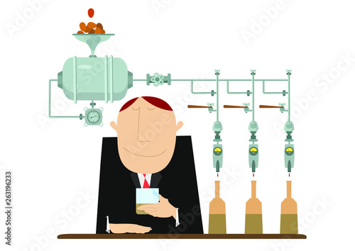 Alcoholic beverage manufacture and taster man illustration. Distillery and the man holds a glass in the hand and tastes   alcoholic beverage isolated on white illustration