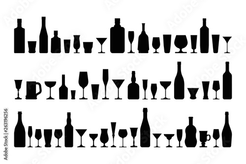 wine glasses and bottles set. Vector black and white illustration silhouette.