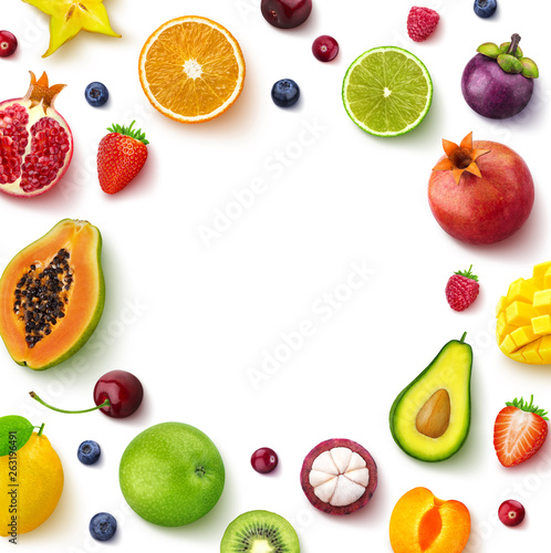 Various fruits and berries isolated on white background, top view, creative flat layout, round frame of fruits with empty space for text
