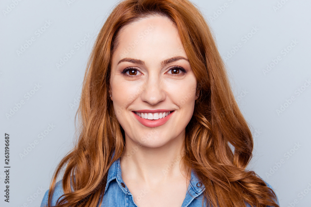 Close up photo beautiful amazing she her lady show perfect ideal teeth sincere kind self-confident easy-going listening great good news wear casual blue jeans denim shirt isolated grey background Close up photo beautiful amazing she her lady show perfect ideal teeth sincere kind self-confident easy-going listening great good news wear casual blue jeans denim shirt isolated grey background