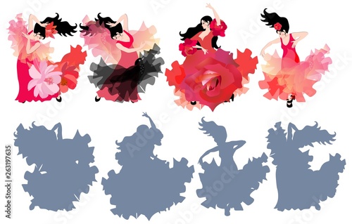 Beautiful girls dancing flamenco and their silhouettes. Find the correct shadow.