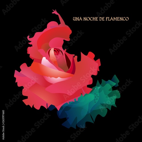 Flamenco night (text in spanish). Silhouette of a dancing girl in the form of a rose and a translucent green manton in the shape of a flying bird. Banner, poster.