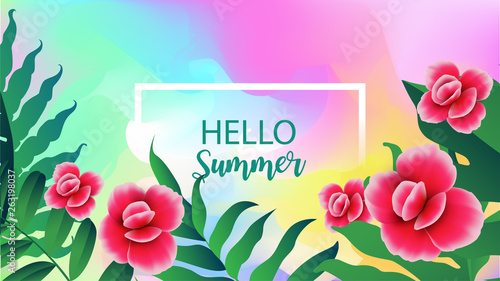 Hello summer sign text with tropical leaves over square frame art abstract watercolor background brush paint texture design. Vector illustration.