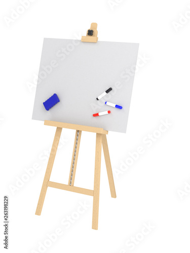 Empty easel with empty whiteboard (magnetic board) isolated on white. Mockup template - 3D rendering