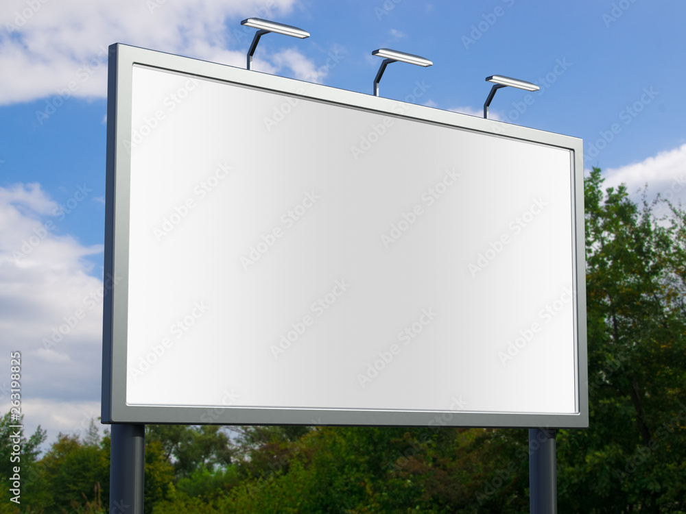 3D rendering of blank billboard (empty advertisement) with city background. Empty mockup template - obrazy, fototapety, plakaty 