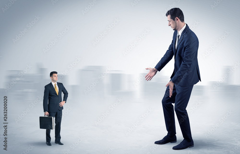 Giant businessman being afraid of small serious executor with suitcase
Giant businessman being afraid of small serious executor with suitcase