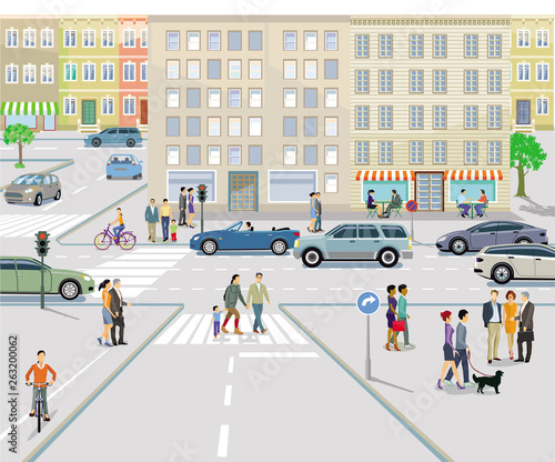 Stadt mit Straßenverkehr und Fußgänger 