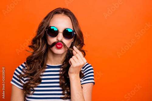 Closeup photo portrait of pretty extravagant eccentric fancy funky glamorous she her lady holding making false beard isolated vivid background copy space