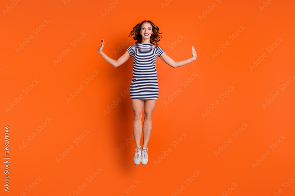 Full length body size photo of glad pretty attractive slender she her dream dreamy lady wearing white shoes canvas footwear on legs isolated vivid background - obrazy, fototapety, plakaty 