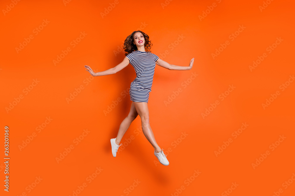 Full length body size photo of pretty graceful tender elegant sporty sportive sport having weekend she her lady dancing in air isolated bright vivid background