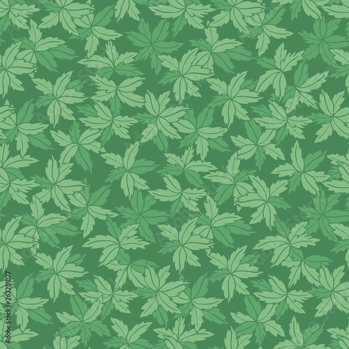 Vector green monotone hand drawn leaves repeat pattern. Suitable for gift wrap, textile and wallpaper.