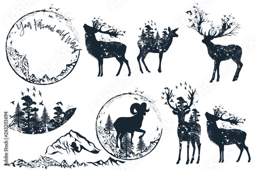 Set of vector artistic deer silhouettes for design, retro style