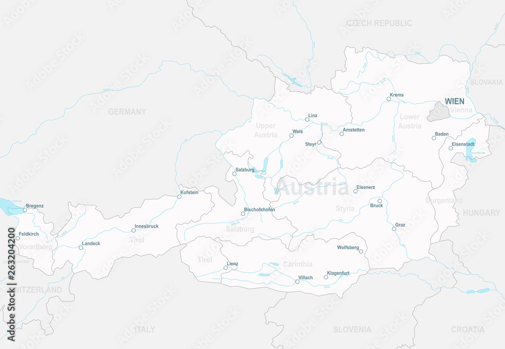 Administrative map of Austria with states, rivers and cities - highly detailed vector illustration