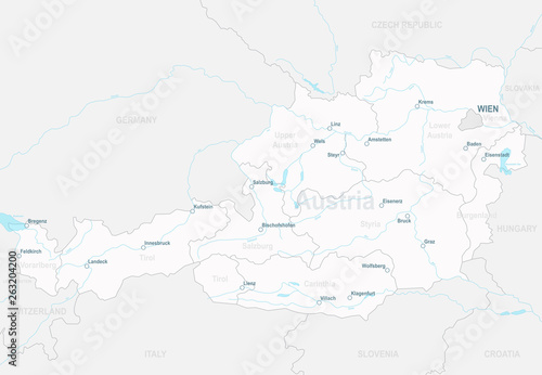 Administrative map of Austria with states  rivers and cities - highly detailed vector illustration