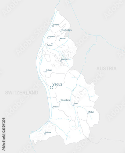 Liechtenstein vector map with borders, rivers and sities