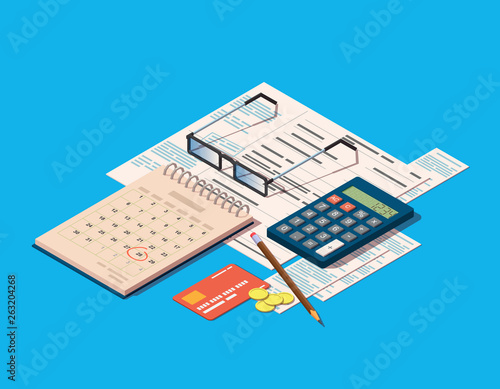 Financial or business operations icon. Payment time concept. Vector isometric illustration with invoices, calculator, calendar, pencil, coins, credit card and glasses