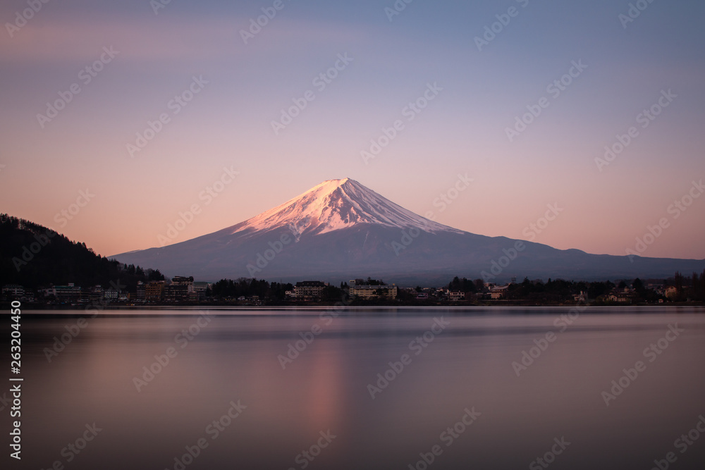 Magnificent Mount Fuji at Sunrise, view from northern shore of Lake Kawaguchiko Japan Magnificent Mount Fuji at Sunrise, view from northern shore of Lake Kawaguchiko Japan