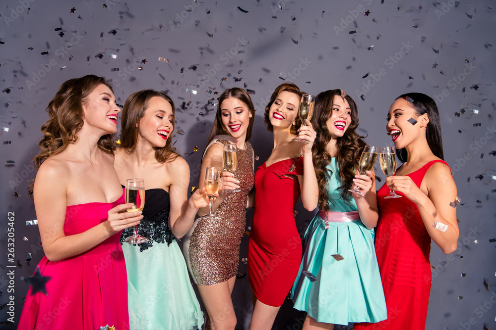 Portrait of nice-looking elegant adorable winsome lovely charming attractive gorgeous stunning cheerful company ladies having fun time gathering bachelor isolated on violet gray pastel background Portrait of nice-looking elegant adorable winsome lovely charming attractive gorgeous stunning cheerful company ladies having fun time gathering bachelor isolated on violet gray pastel background
