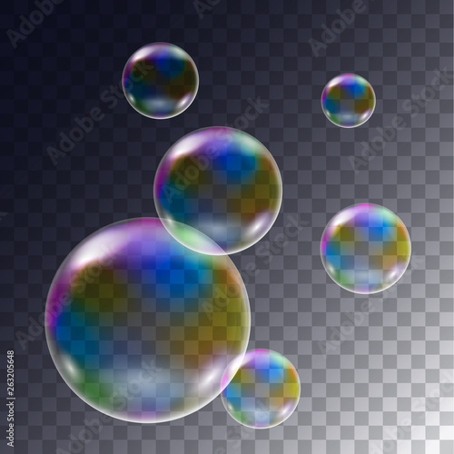 Realistic illustration of set of flying rainbow soap bubbles on transparent background, vector