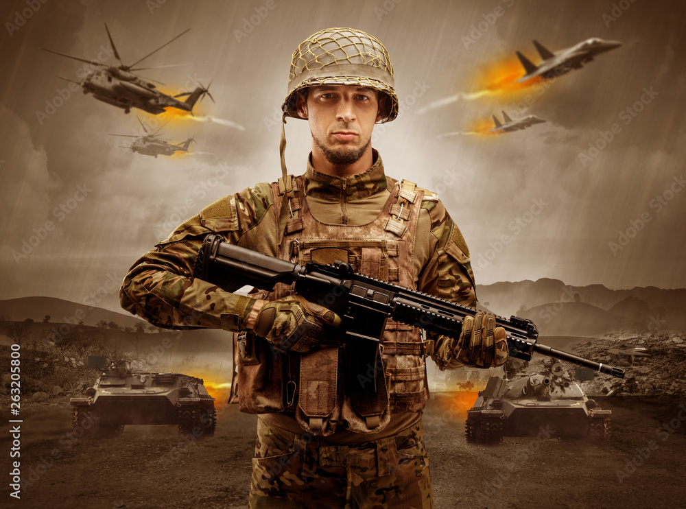 Armed soldier with sniper in the middle of a war
Armed soldier with sniper in the middle of a war
